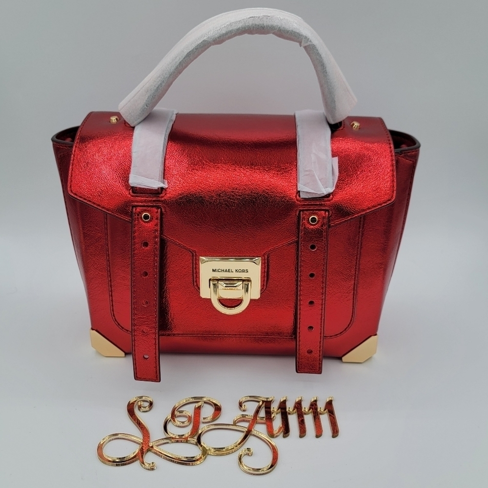 Michael Kors Bag Leather Manhattan Red Crimson Metallic NEW